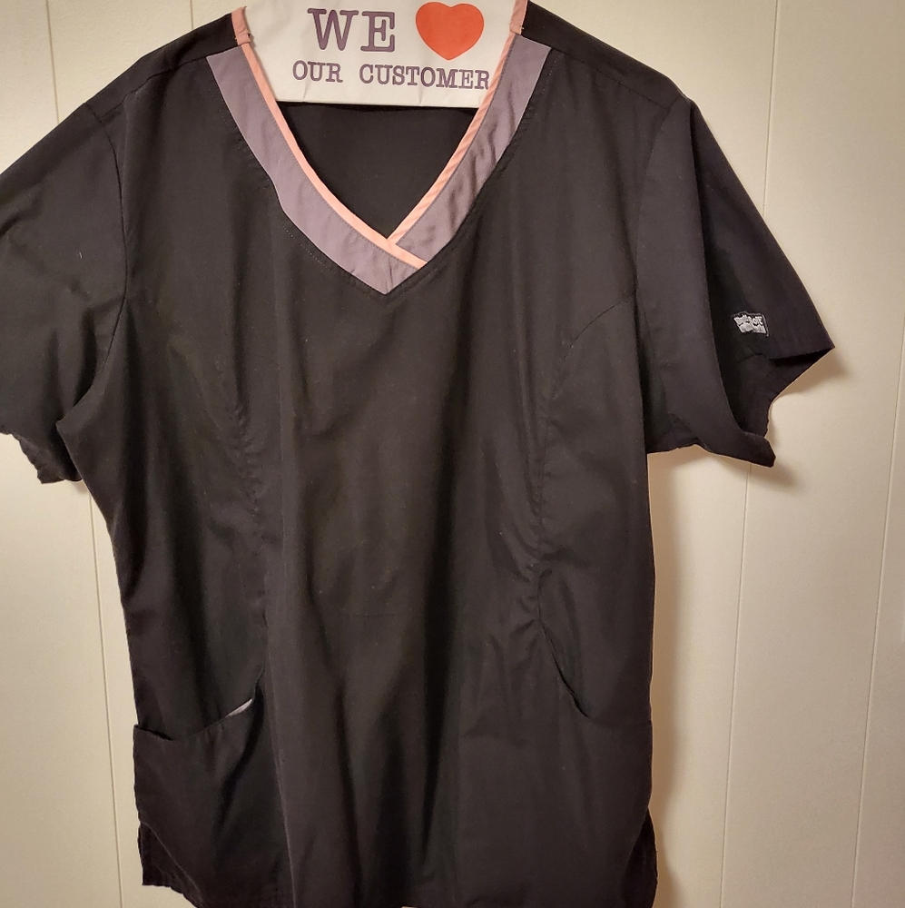 Black with grey and pink trim scrub top